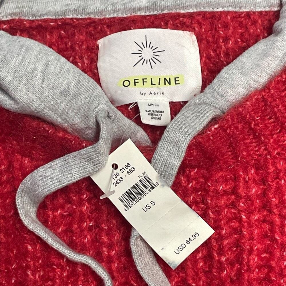 Aerie Offline Red and Gray Mixed Material Thick Knit Hoodie N0337 - Picture 4 of 8